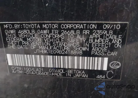 2011 Lexus Es 350 z USA, uszkodzony, nr VIN JTHBK1EG9B2418898